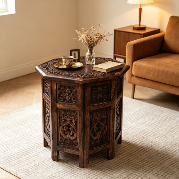 Octagon Boho Folding Side Tables Hand Carved, Scorch Burnt Finish, No Tools Assembly, 18"x18", for Living Room, Entryway, Bedroom