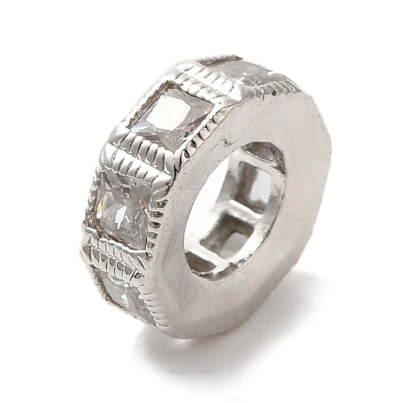 Octagon Brass Micro Pave Cubic Zirconia European Beads Large Hole Beads Long-Lasting Plated Cadmium Free Lead Free Platinum 10x3.5mm Hole: 5mm
