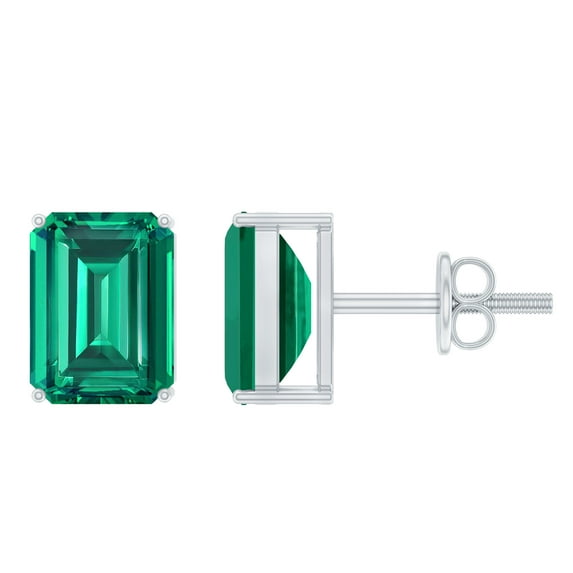 Rosec Jewels Octagon Cut Created Emerald Solitaire Stud Earrings for Women (AAAA Grade), 18K White Gold