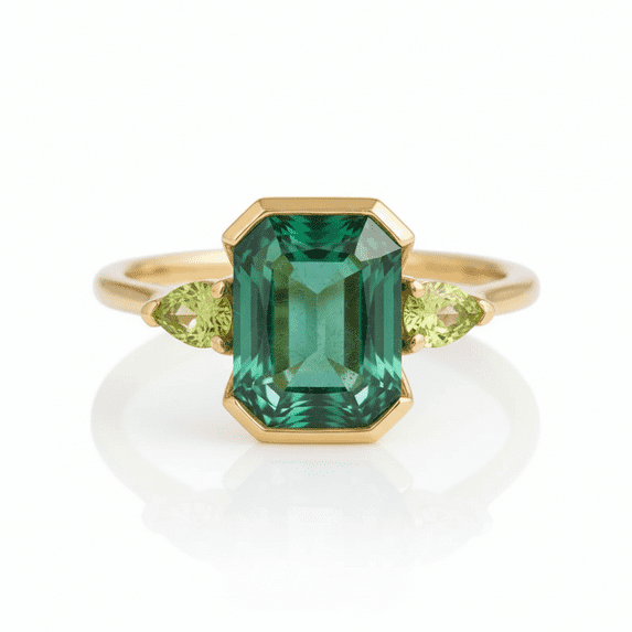 Octagon Cut Emerald & Pear Cut Peridot handmade ring, Three Stone Engagement Ring, Past Present Future Anniversary Gift, Green Gemstone Ring, May Birthstone Ring.