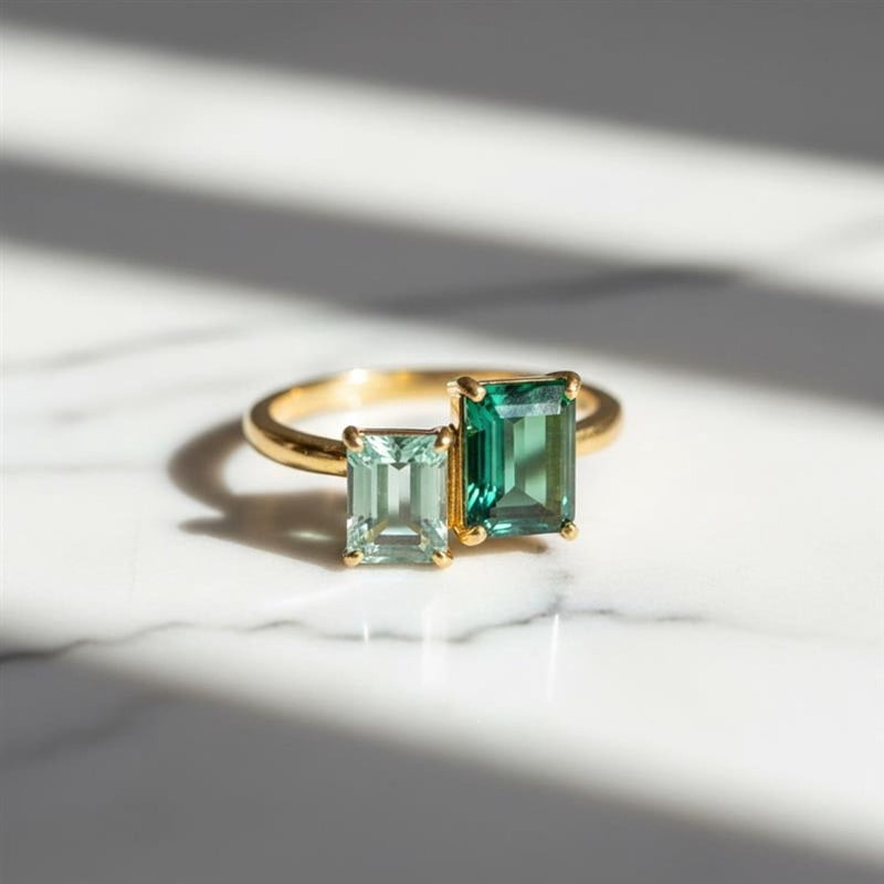 Octagon Cut Emerald & Peridot Toi Et Moi Ring, Two Stone Ring ...