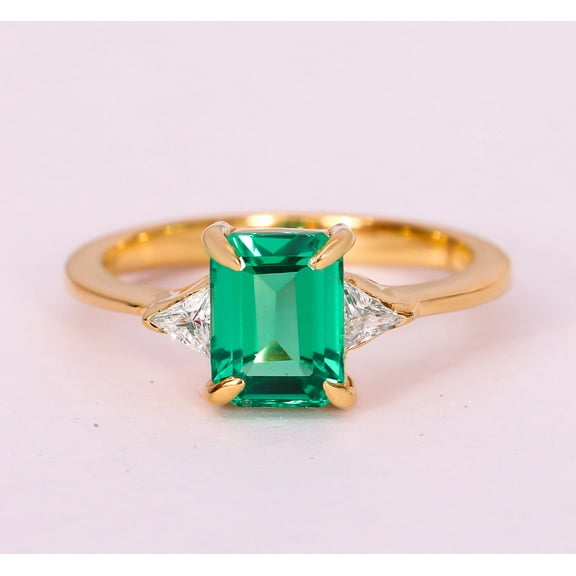 Octagon Cut Emerald Wedding Ring, Triangle Diamond Stackable Ring, Three Gemstone Ring, 925 Starling Silver Handmade Ring, Gift For Her