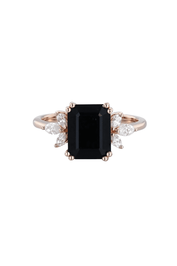 Octagon-Cut Natural Black Onyx & Moissanite Solitaire Engagement Ring in 925 Sterling Silver – Elegant and Bold Jewelry for Women