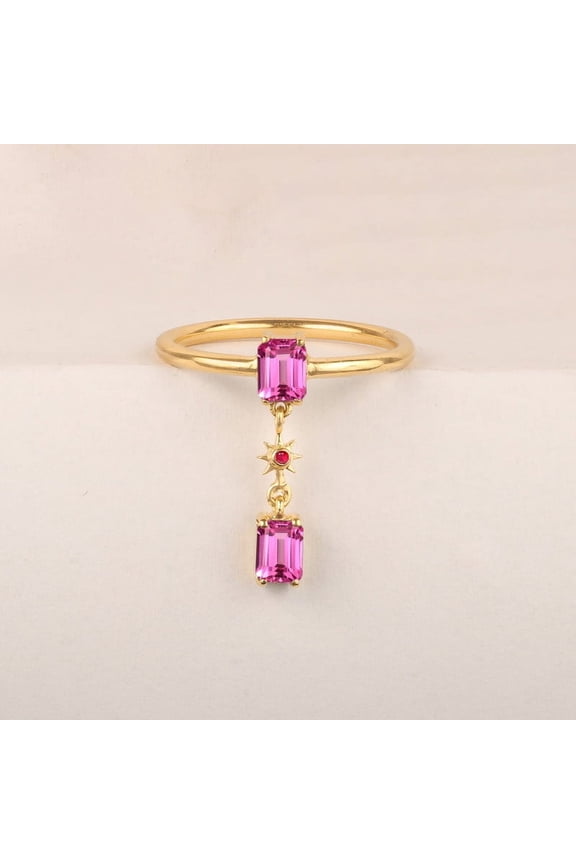 Octagon Cut Pink Sapphie Dainty Drop Ring, Three Gemstone Ring, Stackable Ring, Sun Shape Ruby Gemstone Ring, 925 Starling Silver Minimalist Fine Jewelry, Gift For Mother's Day