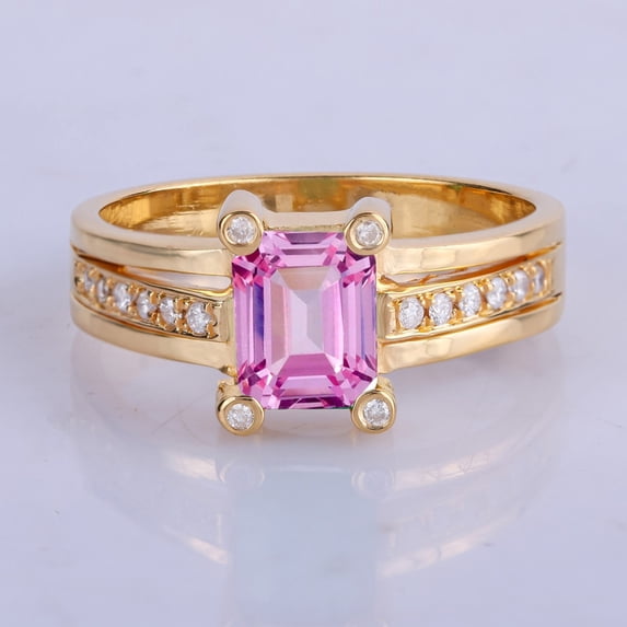 Octagon Cut Pink Sapphire & Diamond Accent Stone Birthstone Months Ring, 925 Silver Three Lear Heavy Band Ring Pave Set Ring, Minimalist Gift For Think Band Ring,
