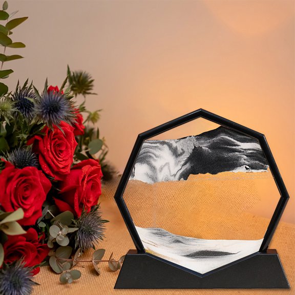 Octagon Dynamic Sand Pictures, Amazing Moving Sand Art, Glass 3D Sandscapes Art Décor, Relaxing Relieve Deskto for Home Decor and Office for Women Men's Present, Black Border (Black)