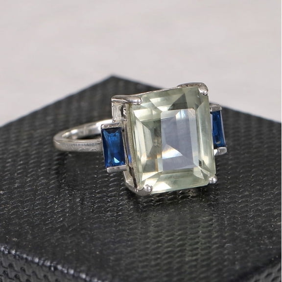 Octagon Green Sapphire Ring, 925 Sterling Silver Three Stone Ring, Baguette Blue Sapphire Ring, Past Present Future Ring, Large Ring, Statement Ring