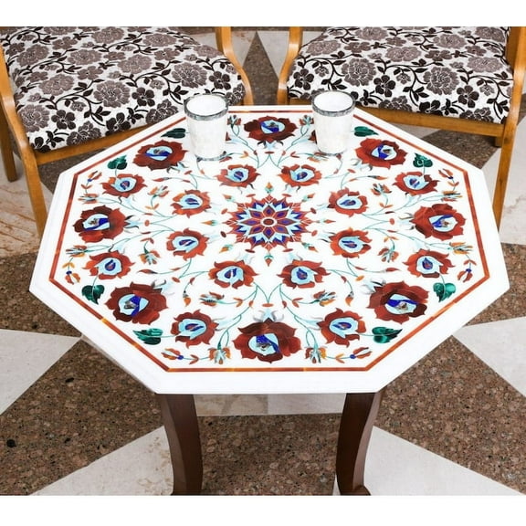 Octagon Marble Coffee Table with White Marble Inlay Work, Bedside Table for Bedroom Decor, Elegant Inlay Table Top-24 Inch