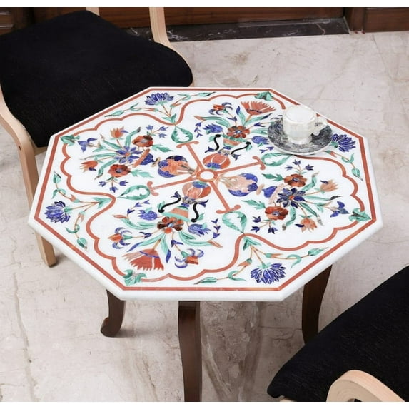 Octagon Marble Coffee Table with White Marble Top, Intricate Marquetry Art Design, Indian Cottage Style Home Furniture 30 Inch