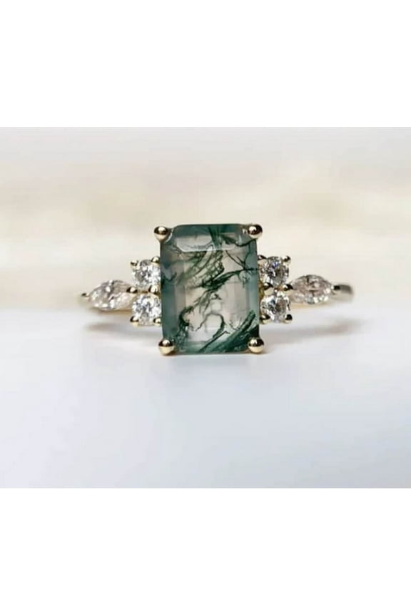 Octagon Moss Agate Gemstone 925 Silver Solitaire Engagement Ring, Promise Statement Band, Birthday and Anniversary Gift, Bridal Bridesmaid Cluster Rings Gold Plated-9.5