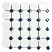 Octagon Porcelain Mosaic Tile Matte White with Glossy Cobalt Blue Dot Designed in Italy 1 Sheet