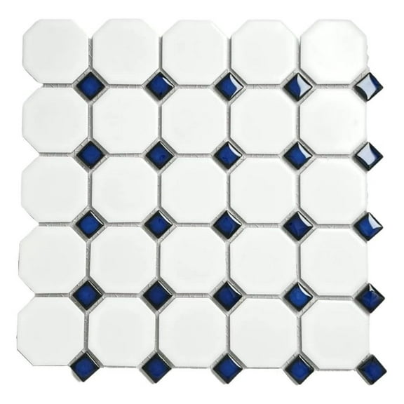 Octagon Porcelain Mosaic Tile Matte White with Glossy Cobalt Blue Dot Designed in Italy (1 Sheet)