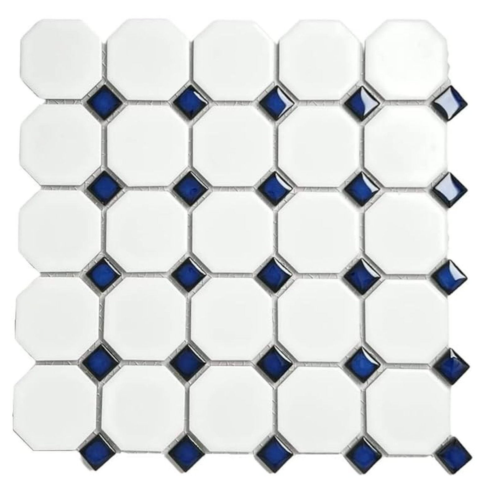 Octagon Porcelain Mosaic Tile – Matte White with Glossy Cobalt Blue Dot, Italian Design for Backsplash, Bathroom, Floor & Wall Use (1 Sheet)