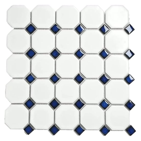 Octagon Porcelain Mosaic Tile Matte White with Glossy Cobalt Blue Dots  Italian Design for Bathroom Floors & Kitchen Backsplash (5 sq.ft. Box)