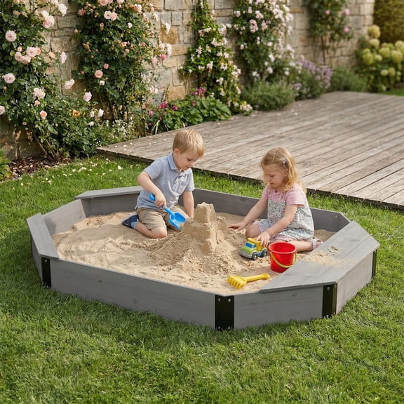 Octagon Sandbox with Storage for Kids, Solid Wood Sandpit with Cover and Liner for Backyard, Patio, Outdoor Play