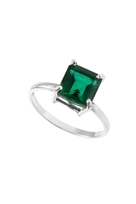 Octagon Square Emerald Prong Setting Gemstone Silver Ring Jewelry