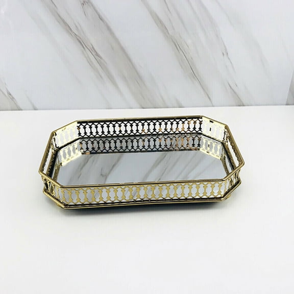 Octagon Vanity Tray Vintage Mirror Tray 13.8" x 9.8" Gold Metal Glass Tray for Perfume, Makeup, Jewelry, Bathroom Organizer, Decorative Serving Tray for Coffee Table, Gift for Women