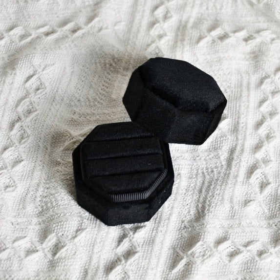 Octagon Velvet 3 Slots Ring Box, Engagement Wedding Keepsake Jewelry Box, for Proposal and Ceremony Display, Black