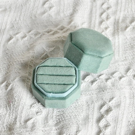 Octagon Velvet 3 Slots Ring Box, Engagement Wedding Keepsake Jewelry Box, for Proposal and Ceremony Display, Green