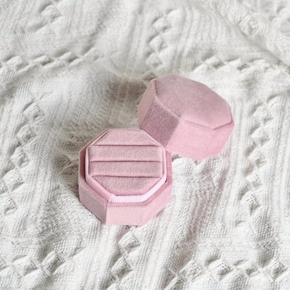 Octagon Velvet 3 Slots Ring Box, Engagement Wedding Keepsake Jewelry Box, for Proposal and Ceremony Display, Pink