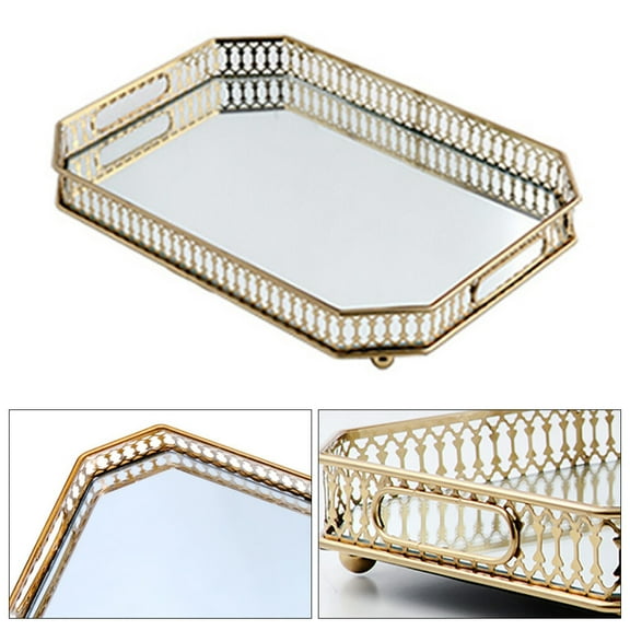 Octagon Vintage Vanity Tray Mirror Glass Makeup Perfume Tray Floral Border Tabletop Tray