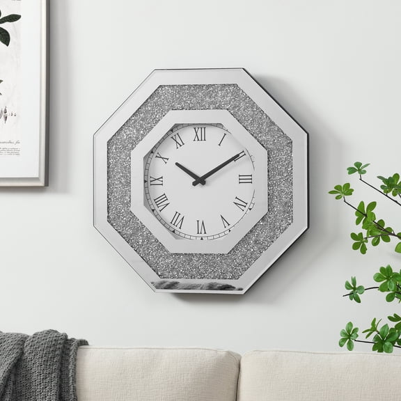 Octagon Wall Clock, Mirror Glass Clock with Diamond Rhinestone Crystal Sparkle Decor, for Bedroom Bathroom Dining Room