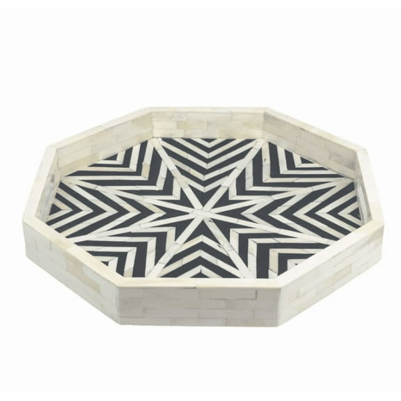 Rudraksha Corporation Octagonal Bone Inlay Serving Tray, Black and White Contemporary Design with Ivory Brick Sides
