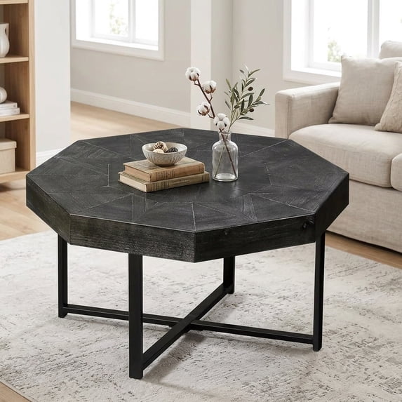 Octagonal Coffee Table with Patchwork Top and Metal Legs - Vintage Farmhouse Style