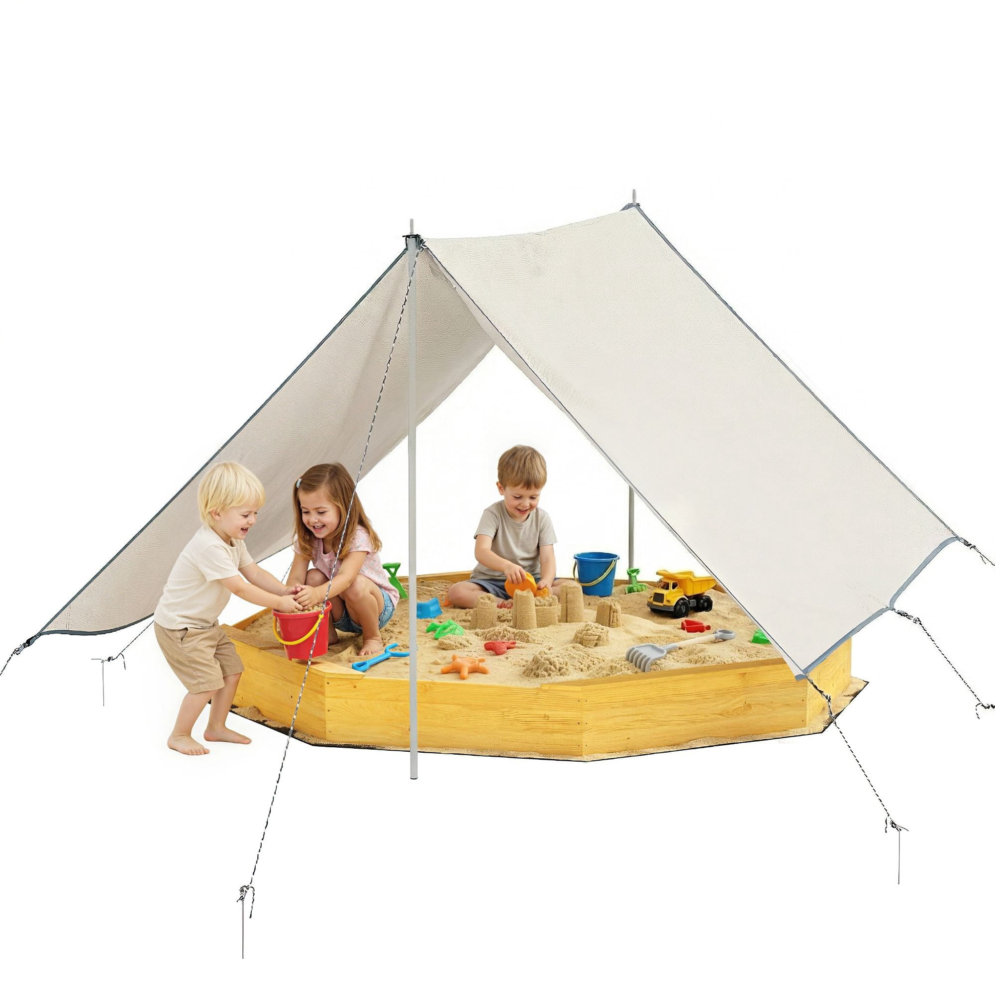 Octagonal Fir Wood Kids Sandbox with Canopy & Bottom Liner, 84.4" Large Sand Pit with 4 Built-in Bench Seats, Holds 1892lbs Sand Outdoor Backyard Play Equipment for Ages 3-8