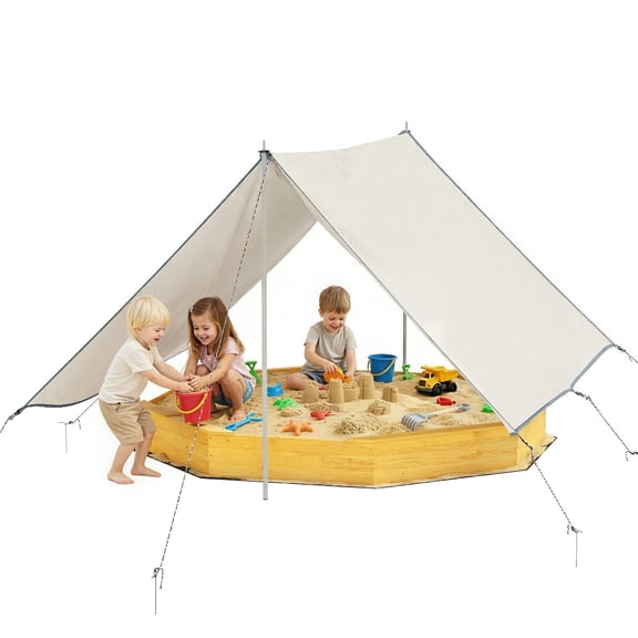 Octagonal Fir Wood Kids Sandbox with Canopy & Bottom Liner, 84.4" Large Sand Pit with 4 Built-in Bench Seats, Holds 1892lbs Sand Outdoor Backyard Play Equipment for Ages 3-8