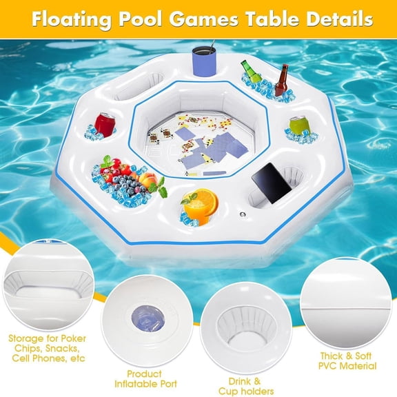 Octagonal Inflatable Game Table, Floating Pool Drink & Snack Holder for Adults, Outdoor Backyard Pool Hot Tub Leisure Game Station