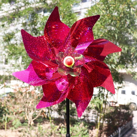 Octagonal Laser Pinwheel Garden Spinner 9.44 Inch Reflective Windmill for Yard Patio Outdoor Decor Colorful Plastic Bird Deterrent DIY Assembly 21.66 Inch Height Hot Pink