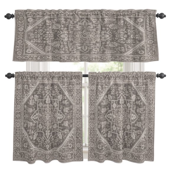 Octagonal Medallion Kitchen Curtains and Valances Set, Vintage Charcoal Gray Star Abstract Floral 3 Piece Curtains Valances and Tiers Set Rod Pocket for Kitchen Bathroom Windows 24 Inch