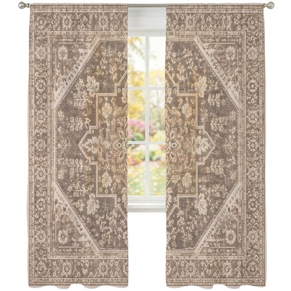 Octagonal Medallion Sheer Curtains 108 Inches Long 2 Panels, Chestnut Brown Foliage Scrolls Rustic Farmhouse Semi Sheer Rod Pocket Window Curtains Light Filtering Drapes for Living Room Bedroom
