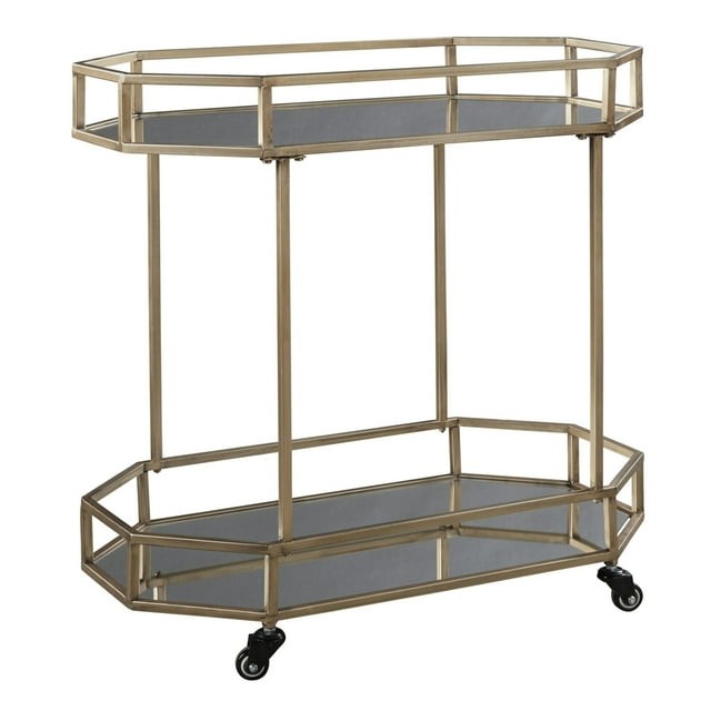 Octagonal Metal Bar Cart with Mirrored Top and Bottom Silver and Gold - Saltoro Sherpi
