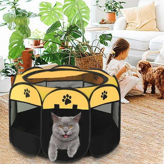 Octagonal Pet Playpen Foldable Dog Cage with Breathable Mesh Panels, Spacious Indoor Enclosure for Puppies & Small Dogs, Portable Pet Containment Area for Home or Travel Use NAJKZA | Yellow