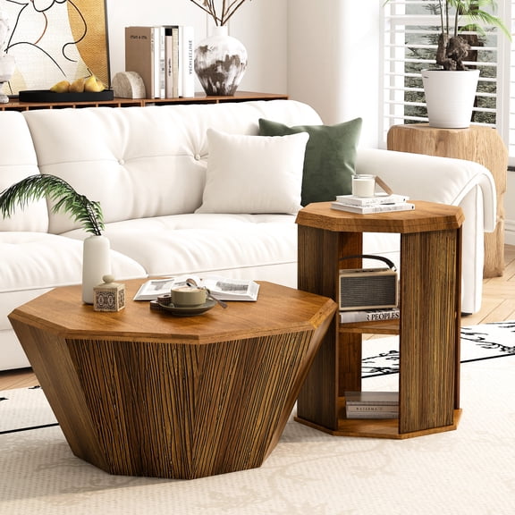 Octagonal Rubber Wood Coffee Table Set (2 Pieces) | Blend Modern and Classic for Any Living Space | High - Quality Solid Wood Construction | Save Space and Easy to Assemble