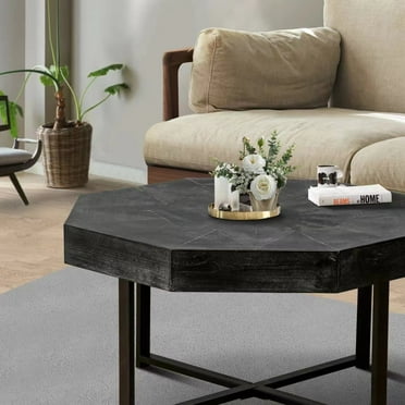 Wood Octagonal Vintage Patchwork Craft Farmhouse 30" Wooden Table Top Cross Metal Legs Coffee Table for Living Room
