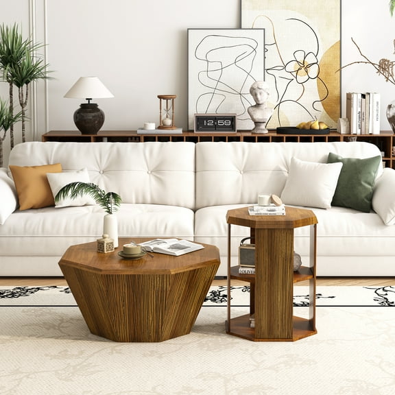 Octagonal Walnut Coffee Table Set of Two, Multifunctional Solid Wood Table Coffee Table with Open Storage, Modern Coffee Table for Living Room Bedroom, Easy Assembly
