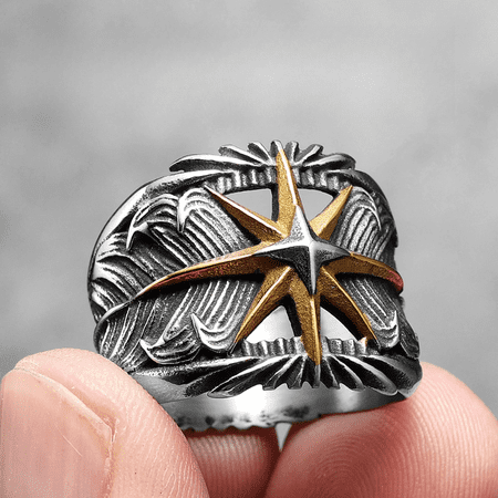 Octagram Ring 14K White Gold Feather Men Ring Hollow Punk Rock Rap for Biker Male Friend Jewelry Creative Gift