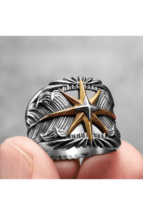 Octagram Ring 14K White Gold Feather Men Ring Hollow Punk Rock Rap for Biker Male Friend Jewelry Creative Gift