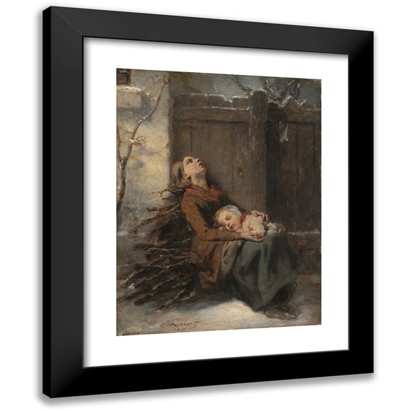 Octave Tassaert 12x14 Black Modern Framed Museum Art Print Titled - Destitute Dead Mother Holding Her Sleeping Child in Winter (C. 1850)