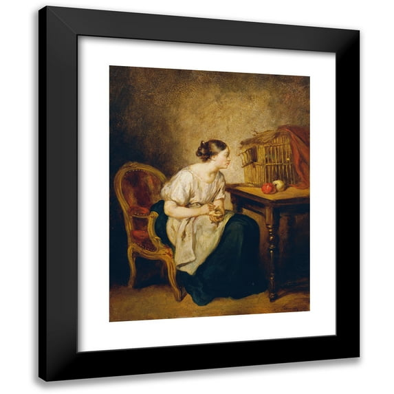Octave Tassaert 15x18 Black Modern Framed Museum Art Print Titled - Young Woman with Bird Cage (1850)