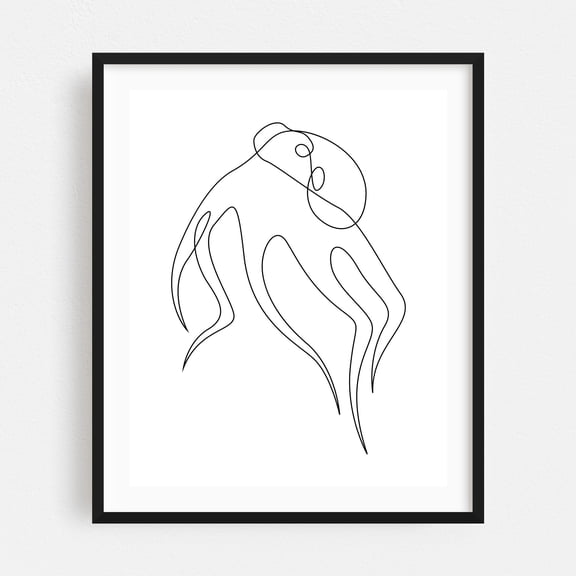 Octo Line - Line Drawing Line Art Minimalist Abstract Black and White Marine Life Modern Art Sketch Black Framed Wall Art Print 8 x 10 inches