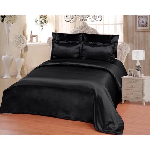 OctoRose 6 PCS Duvet Sheet Set Supreme Quality Sexy Satin Silk Pets Friendly 1 Duvet Cover 1 Fitted Sheet 2 Pillow case 2 Pillow Shams Black CalKing Size