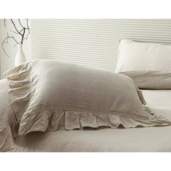 OctoRose French Flex Linen Ruffled Pillow Case Shames 4" Ruffle around Pillow Shames Overlay Enclosure at Back White or Nature Standard, Queen , King Sizes 1 Piece Per Order