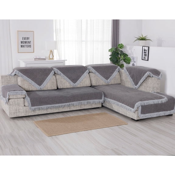 OctoRose High Quality Linen with Fringe Lace Sectional Sofa Loveseat Corner Back Chair Slipcover 1pc 35x35" Grey