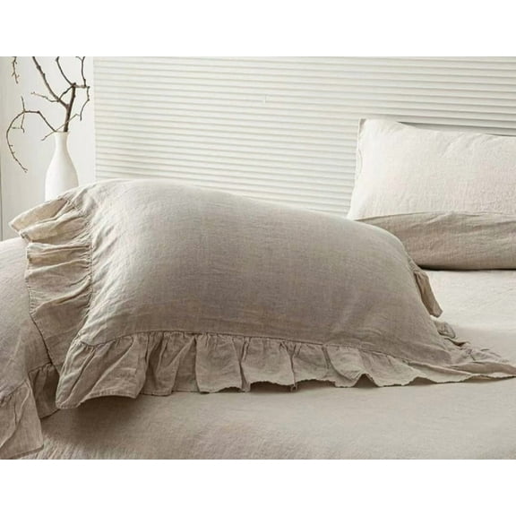 OctoRose Nature French Flax Linen Ruffle Pillow Case Pillow Shams with 4" Ruffle Around Queen Size 1 Piece Per Order (Nature)
