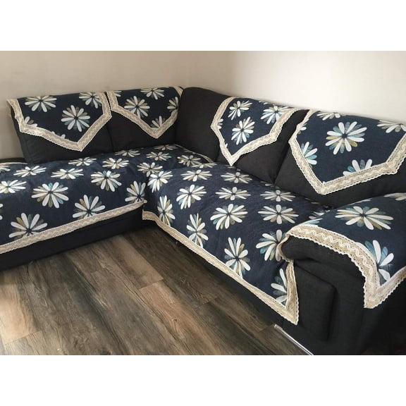 OctoRose Upholstery Chenille Blue Flower with 100% Cotton Lace and Anti-Slip Backing Sofa and Couch Protector, Sectional Sofa Cover 35x94 inch