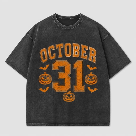 October 31 Pumpkin Graphic Vintage Washed Halloween Shirt, Retro Spooky Tee for Adults